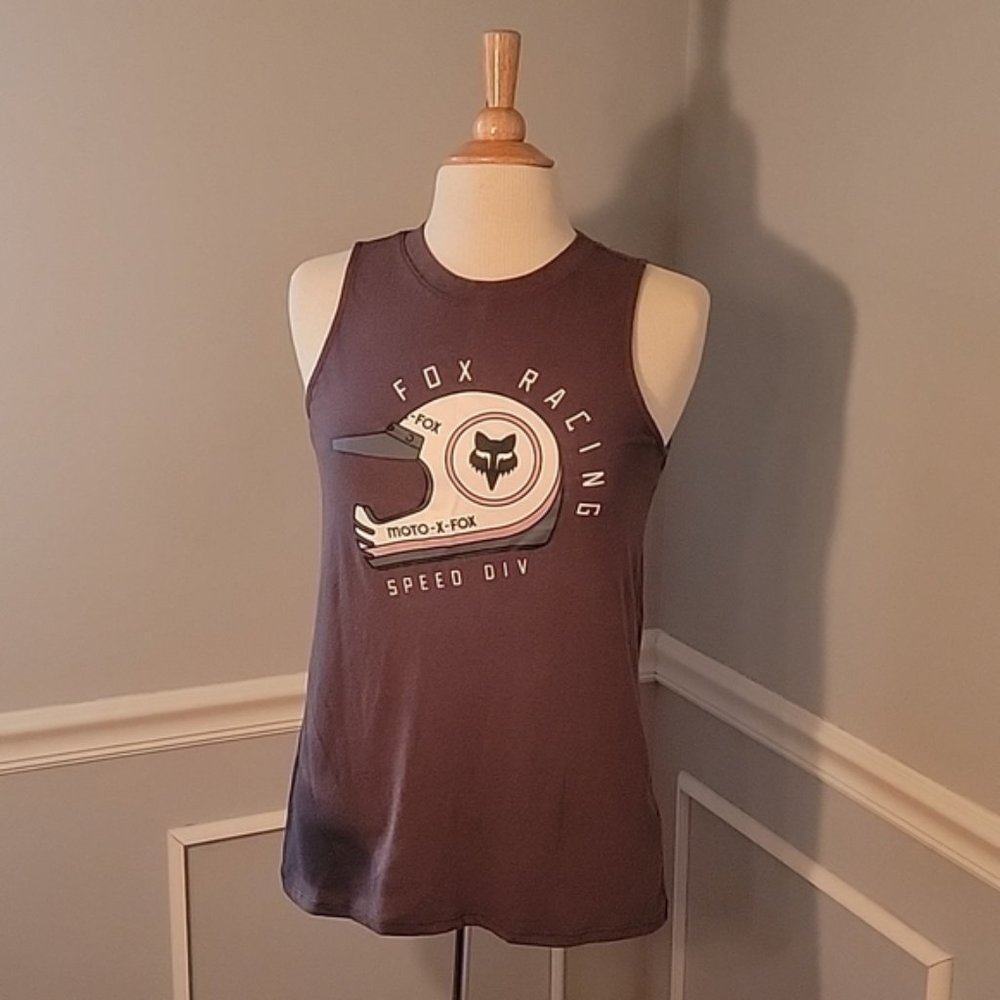FOX RACING Black Gray Graphic Moto Motocross Distressed Sleeveless Tank Top XS‎